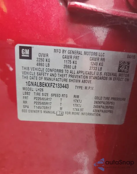 2015 Chevrolet Equinox Lt from USA, damaged, VIN 1GNALBEKXFZ133443